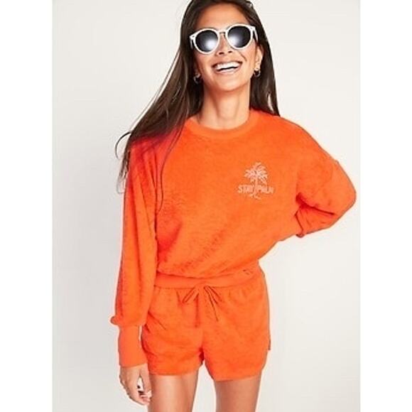 Old Navy Orange Loose Cropped Long-Sleeve Performance Slub-Knit Terry Sweatshirt - Picture 1 of 6